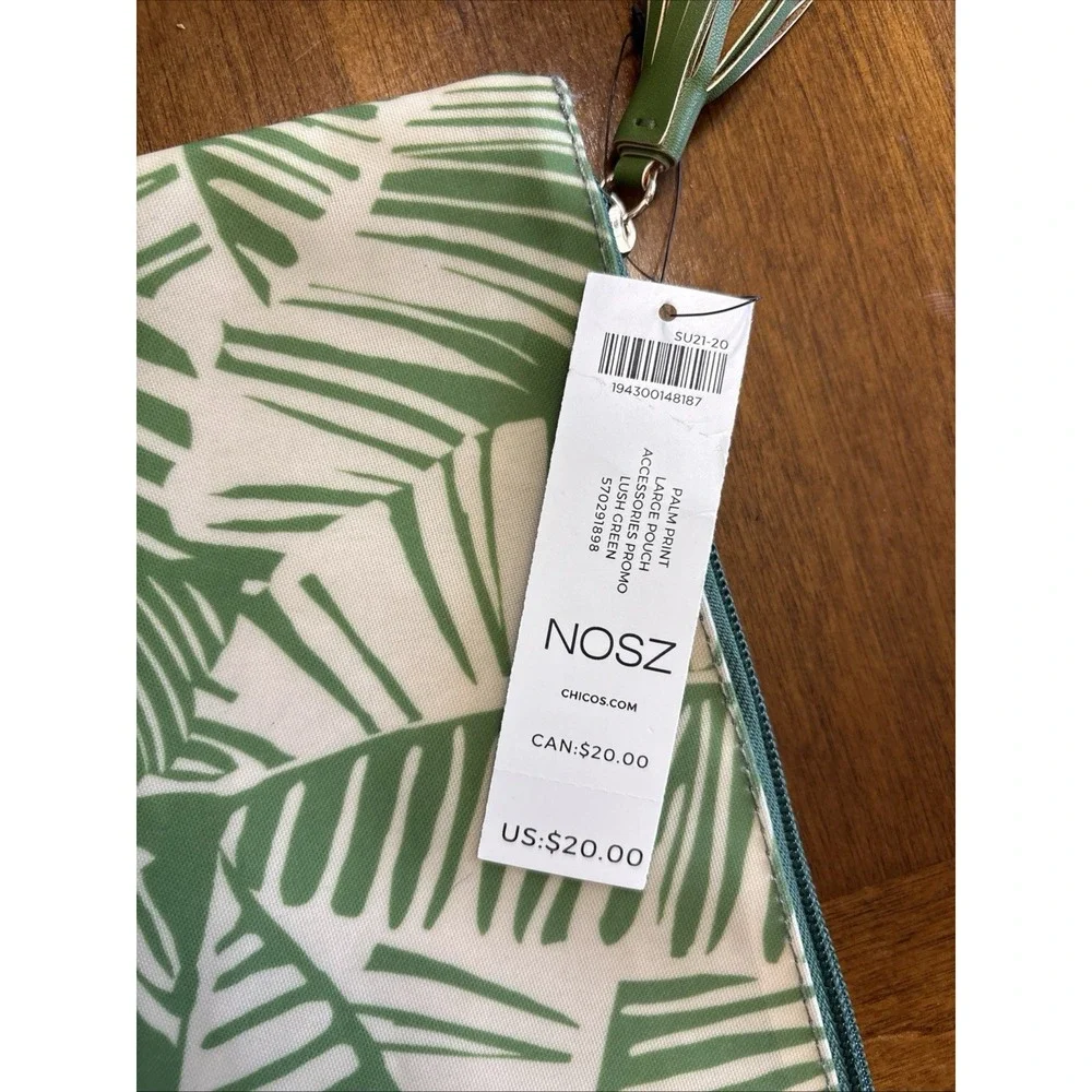 New CHICO'S PALM PRINT LARGE POUCH Lush Green Accessories Makeup Zip Bag 12.5x 9